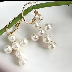 NEW! Elegant Pearl Cross Dangle Gold Hoop Earrings